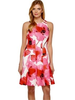 Maggy London Poppy Floral Fit & Flare Dress NWT Pink Red White Size 12 G2853M